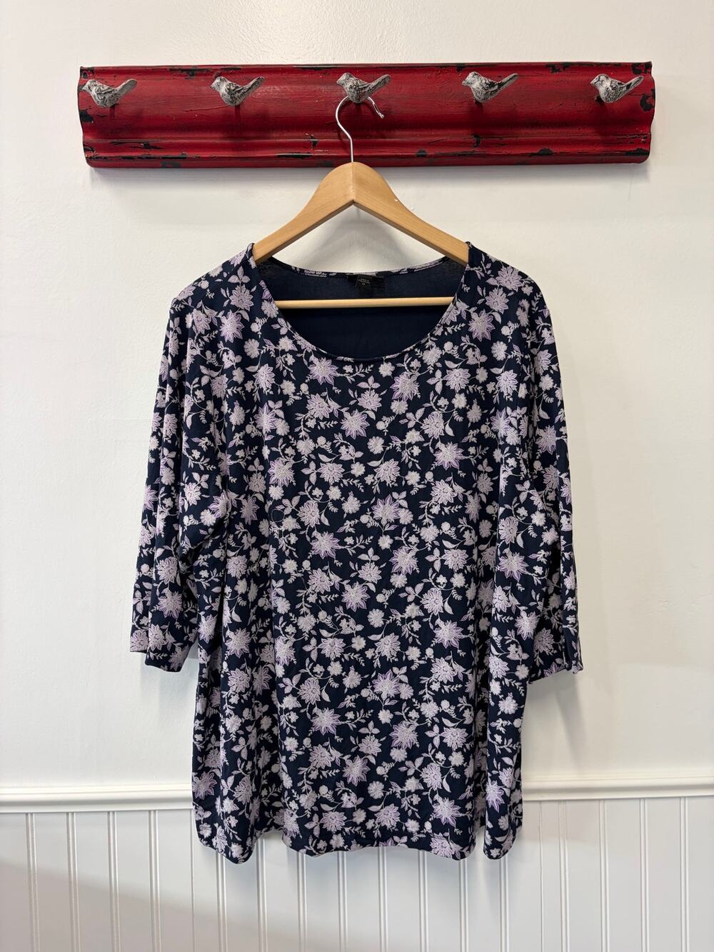 J. Jill Wearever Floral Scoop Neck 3/4 Sleeve Blouse Navy Lavender Purple 2X